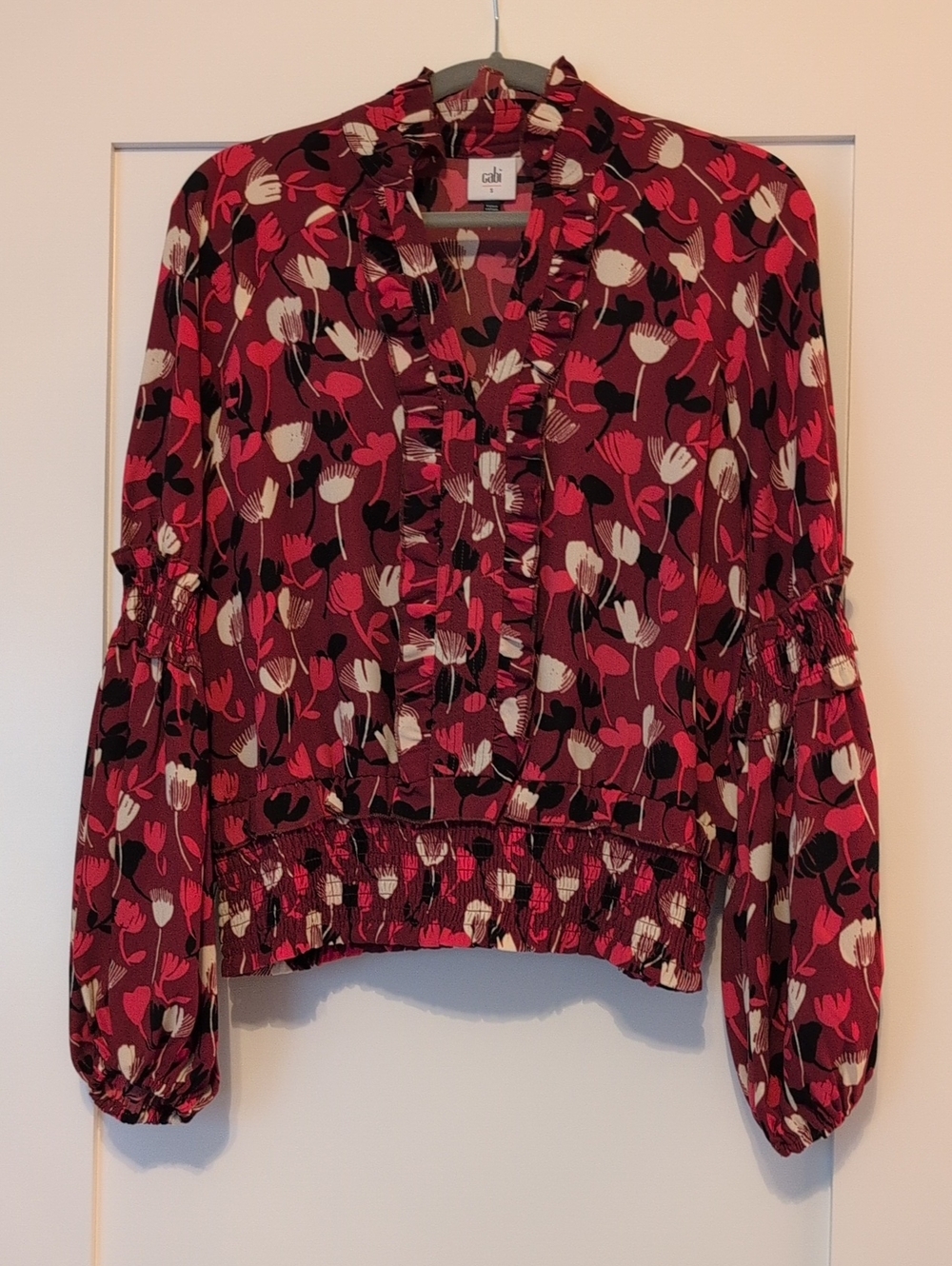 CAbi Red Pink Floral Ruffle Blouse